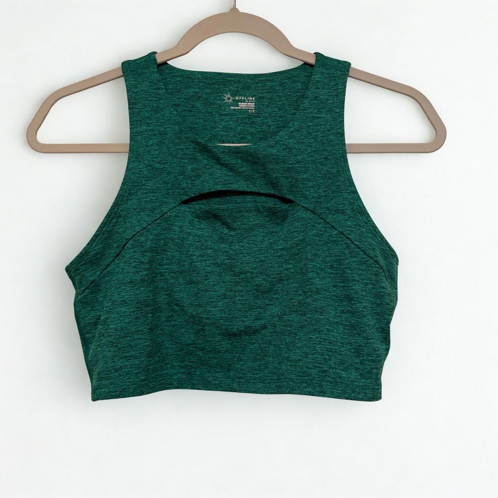 Offline By Aerie Sports Bra Small The Hugger Keyhole High Neck Green